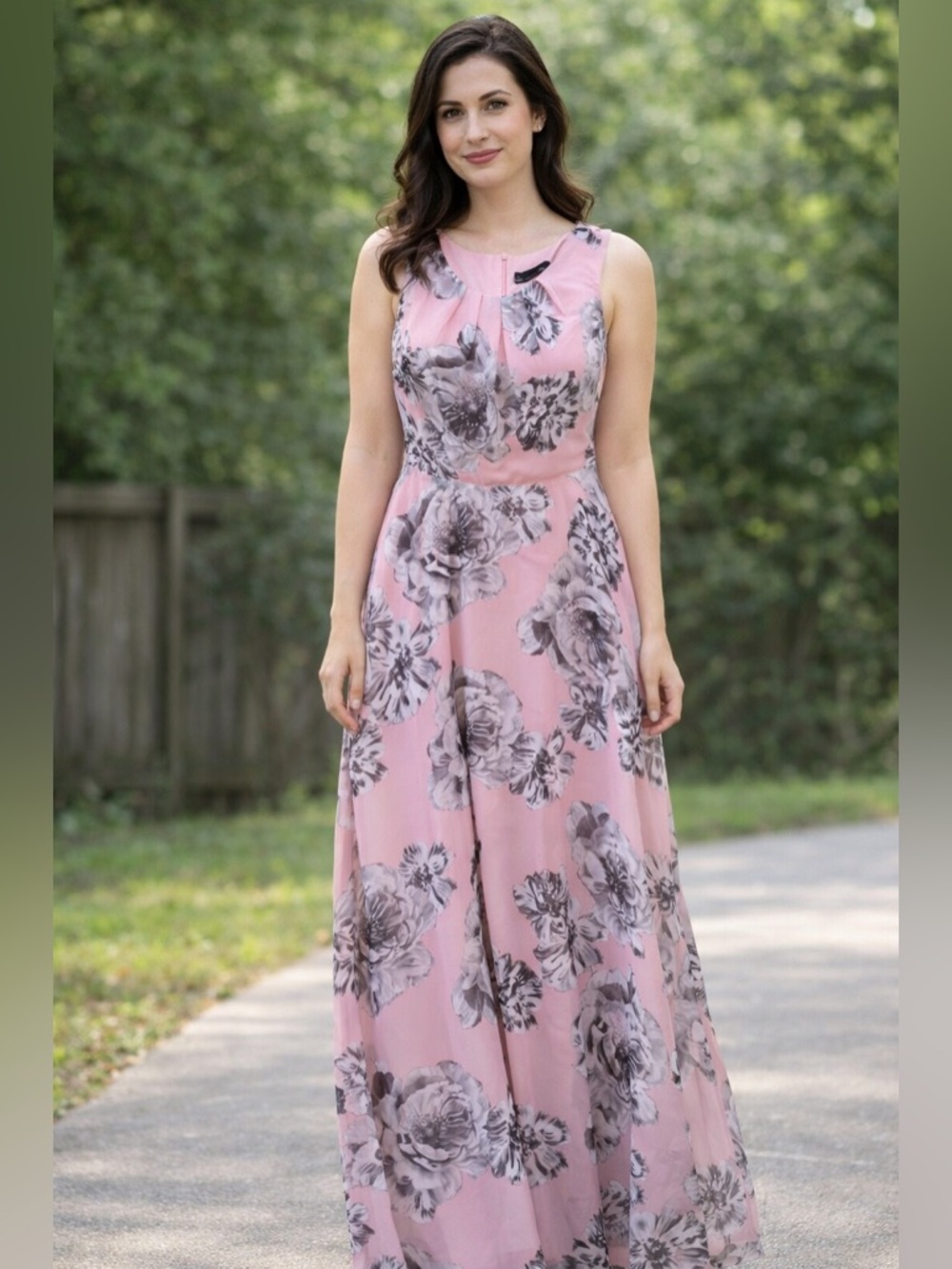 Chetta B Pink Maxi Dress with Gray Floral Print